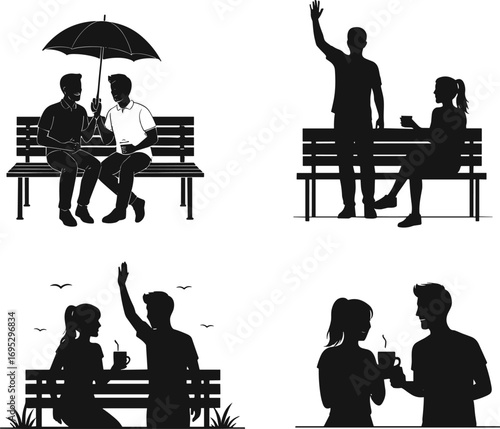 Black and white illustration of people interacting on park benches, conversation, coffee, umbrella, greeting, friendship, outdoor social scene, minimal style