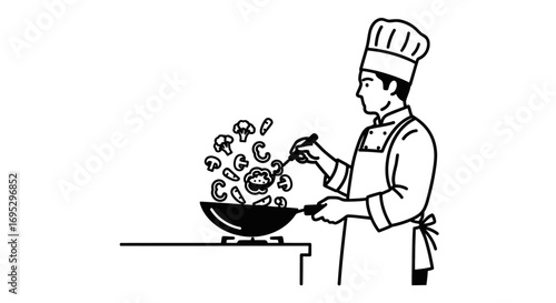 chef cooking delicious vegetable stir fry in wok, culinary illustration