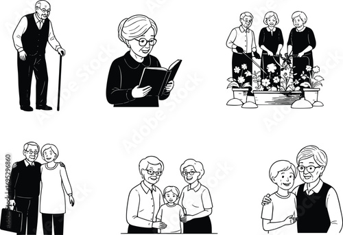 Elderly people lifestyle illustration, senior citizens activities, grandparents with family, reading, gardening, companionship, intergenerational bonding, happy aging