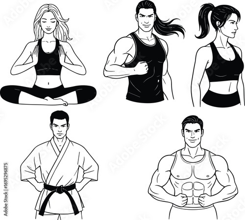 Fitness, wellness, yoga, bodybuilding, martial arts, meditation, strength training, healthy lifestyle, athlete portraits, workout motivation, sports discipline, active people illustration