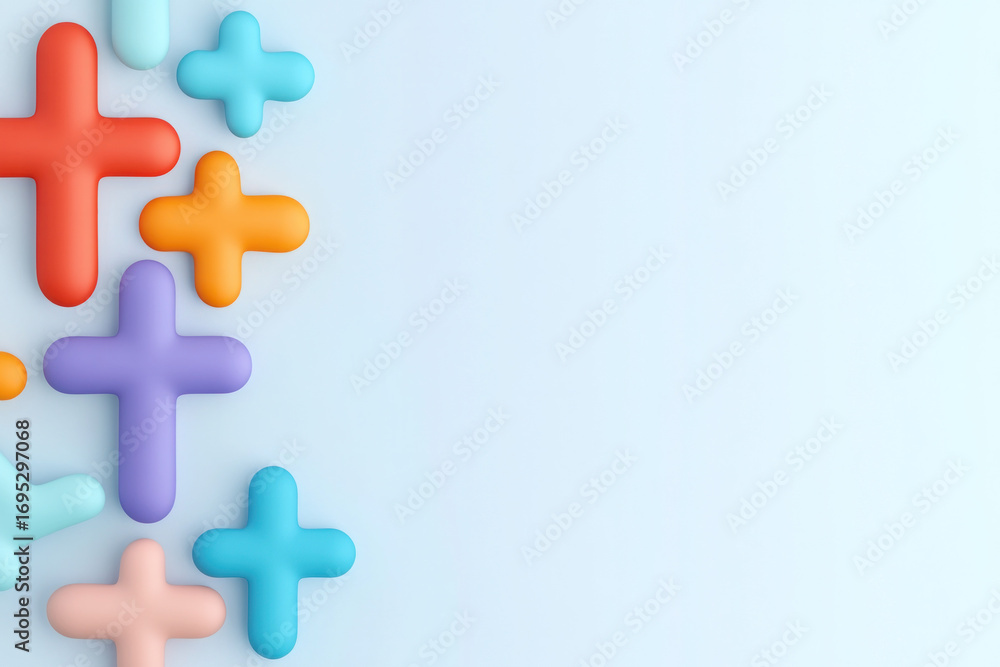 Obraz premium Vibrant assortment of colorful plus signs arranged along a soft blue gradient, conveying health, growth, and playful optimism with modern geometric shapes.