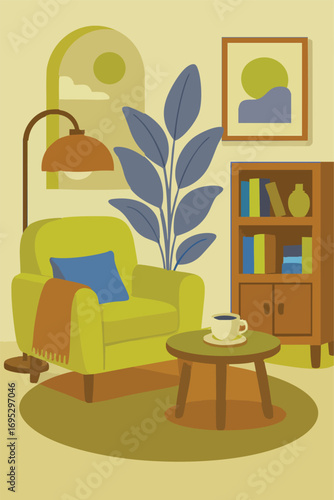Mid Century Home Apartment Cozy Decor Design Armchair Flat Decor Graphic Lamp Bookcase Modern Living Lifestyle Boho 50s Style Plant Print Design Vector Illustration