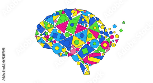 Abstract colorful geometric shapes forming a human brain concept on a white canvas