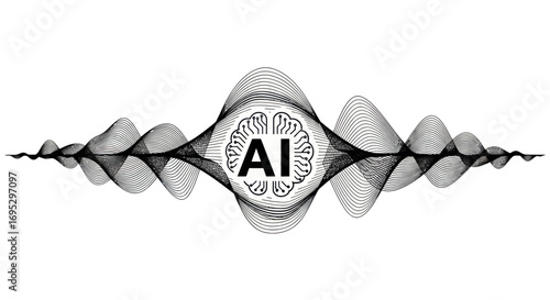 Abstract digital soundwave art featuring an AI brain symbol in minimalist monochrome style