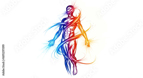Abstract depiction of human form with vibrant energy streams on clean backdrop