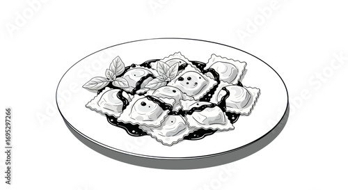 Delicious ravioli illustration on a white plate enhanced with black and white tones for a culinary
