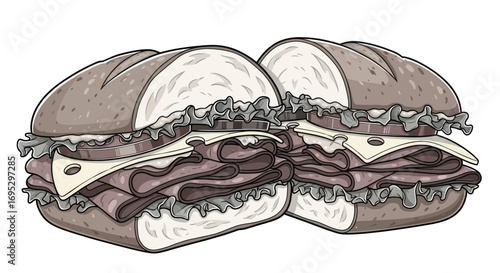 Delicious pair of roast beef sandwiches stacked high with toppings illustration