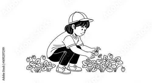 child picking strawberries in a garden, summer harvest, cute illustration, black and white drawing, fresh fruit, healthy food