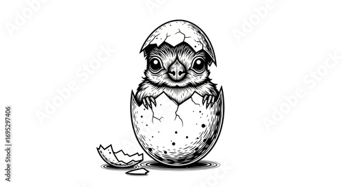 Detailed monochromatic illustration of a baby bird hatching from a speckled egg shell