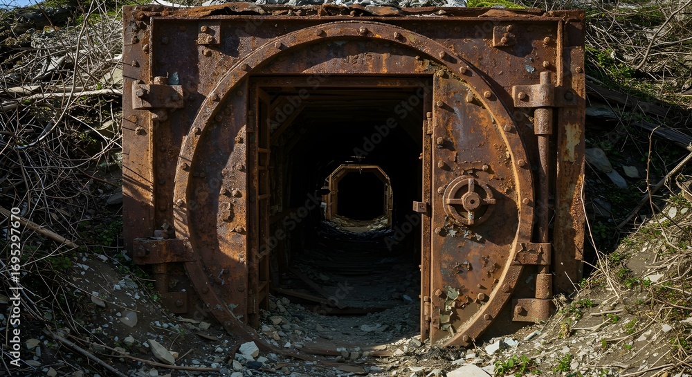 Obraz premium Discover the eerie beauty of a rusty, weathered vault door in an abandoned mine shaft entrance.