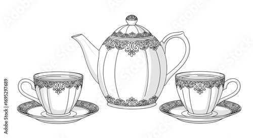 Elegant tea service drawing featuring a teapot and two teacups with saucer designs in grayscale