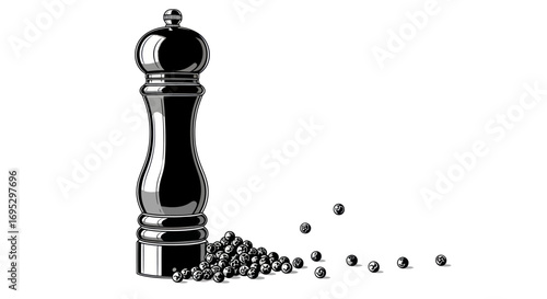 Elegant monochrome rendering showcasing a pepper grinder alongside scattered peppercorns on white