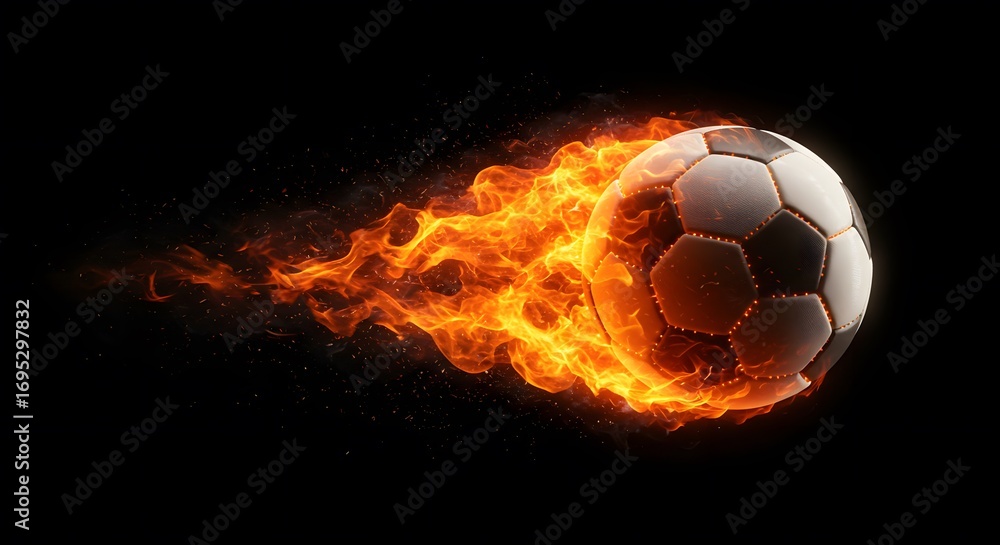 Fototapeta premium A soccer ball engulfed in flames, creating a dynamic and energetic visual. This image captures the essence of intense competition and burning passion