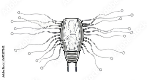 Futuristic interconnected device with internal circuit board and numerous wire connections