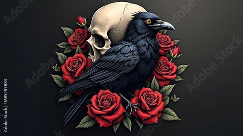 Dark raven tattoo concept with skull and roses, gothic aesthetic, highly detailed blackwork style