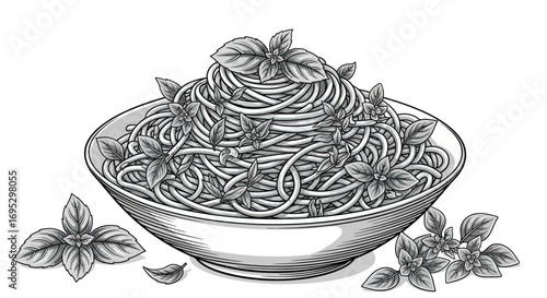 Illustration of a bowl of spaghetti with basil leaves displaying culinary art form