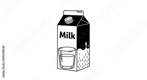 Minimalist milk carton illustration with a glass, in black and white style artistic rendition