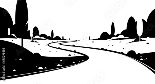 Monochrome winding road illustration through stylized landscape of trees and hills