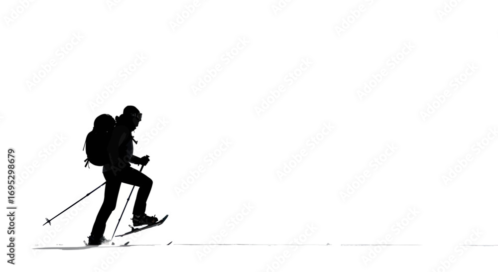Fototapeta premium Silhouette of a lone snowshoer traversing a vast pristine snowscape in winter time