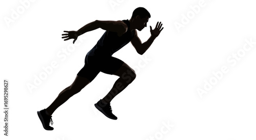 Silhouette of a determined athlete sprinting towards success against white backdrop