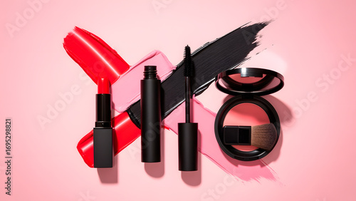 Elegant cosmetic product assortment on a solid pink backdrop creating an eye-catching beauty still life.