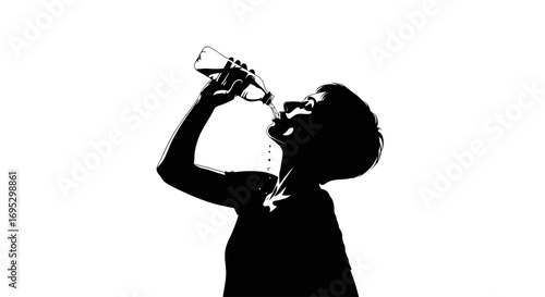 Silhouette of a thirsty woman drinking water from a plastic bottle during a hot day