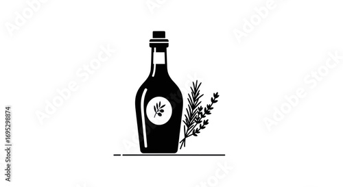 Silhouette of elegant olive oil bottle with sprigs of rosemary for culinary freshness