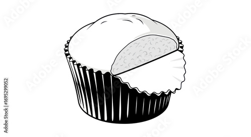 Stylized monochrome cupcake vector art with partially peeled wrapper showcasing delicious filling