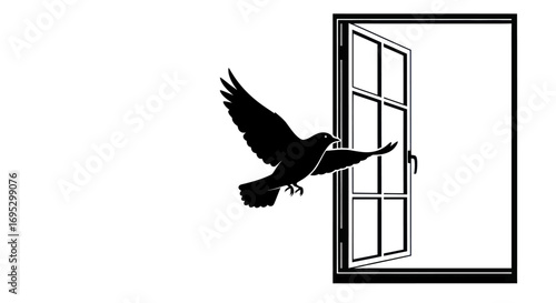 Symbolic representation of freedom as a bird flies through an open window, embracing boundless