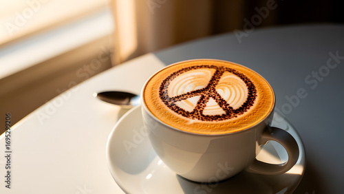 Latte art with a peace symbol created on a white coffee cup sitting on a table by a window.