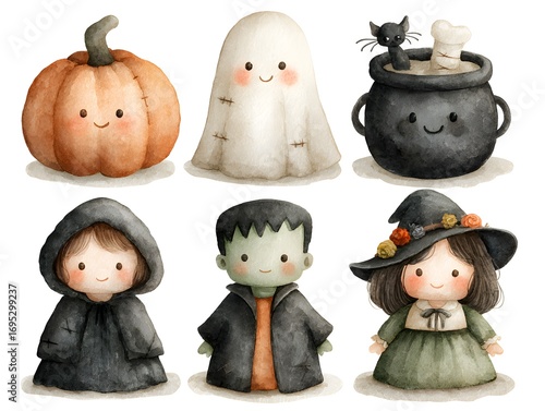 Cute watercolor Halloween characters including pumpkin, ghost, witch, and other spooky figures together.