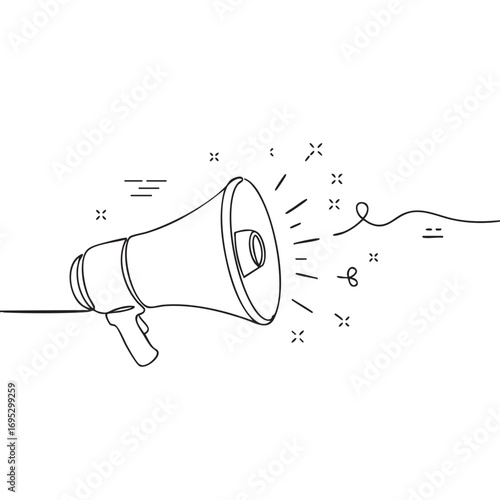 A minimalist continuous line drawing of a megaphone broadcasting important news, symbolizing effective communication, marketing, and public announcements.