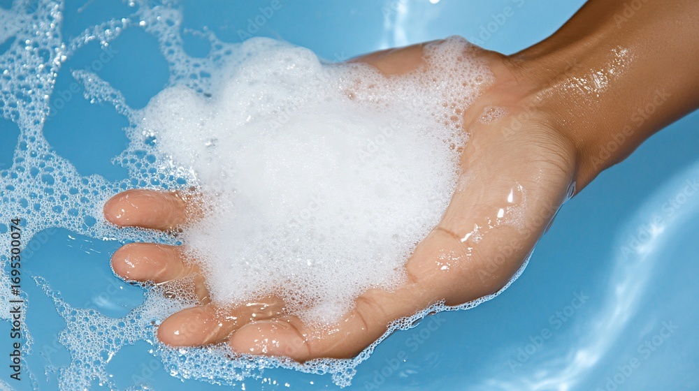 Fototapeta premium Gentle cleanliness, a human hand holding soap foam in a pool of fresh water