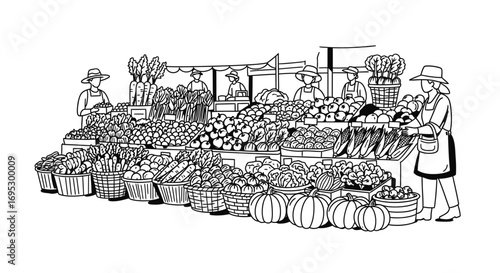 farmers market illustration fresh produce, vegetables, fruits, and pumpkins