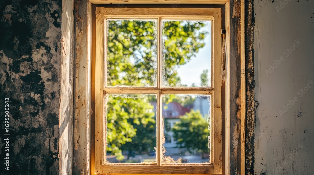 Fototapeta premium A window with a view of trees and a building