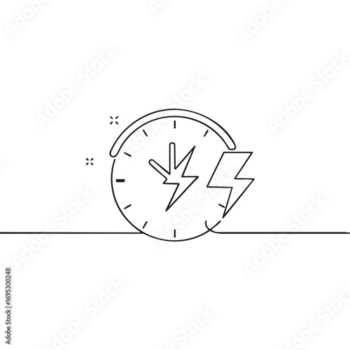 A sleek continuous line drawing illustrates a clock face combined with dynamic lightning bolts, symbolizing rapid energy, efficient time management, and quick processing capabilities.