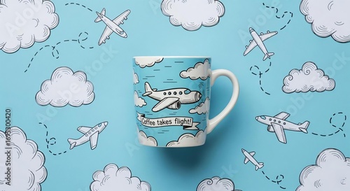 A Flight of Fancy: Whimsical Coffee Mug with Doodle Clouds and Airplanes on a Sky-Blue Background.