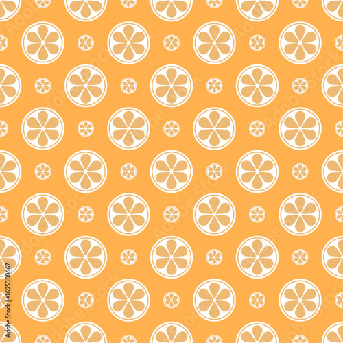 Seamless pattern features citrus fruits and flowers. This simple, vibrant, and natural pattern uses orange and white as the primary colors. It can be used on tablecloths, wallpaper, backgrounds.