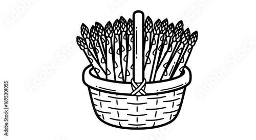 fresh asparagus in a basket, handdrawn, line art, vegetable illustration, healthy food, spring harvest, farm to table, cooking ingredient, vegan diet, recipe inspiration