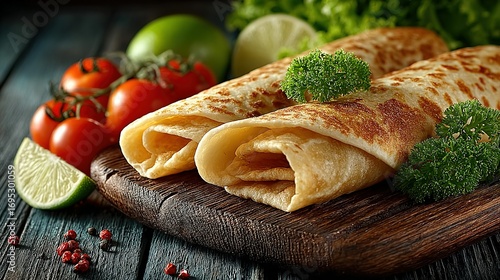 Two crepes with filling on a wooden board with vegetables and herbs.