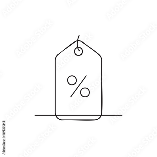 A minimalist line art illustration depicts a hanging price tag featuring a prominent percentage symbol, representing sales, promotions, and special offers.