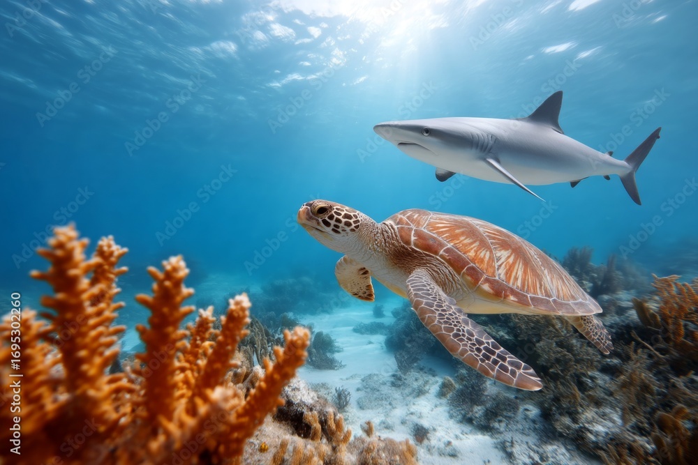 Fototapeta premium Marine life sea turtle and shark swimming in vibrant coral reef