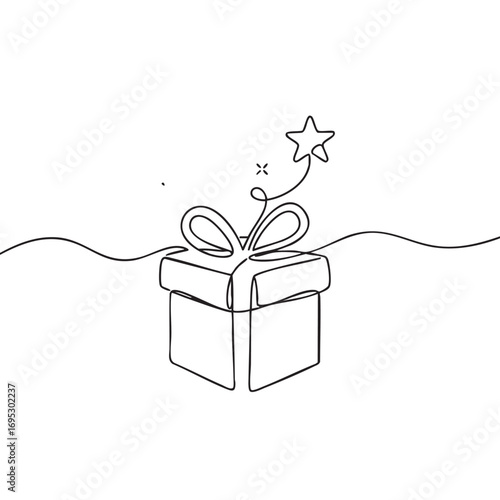 A minimalist continuous line art illustration beautifully depicts a festive gift box with a whimsical star, perfectly symbolizing surprise, joy, and special celebrations.