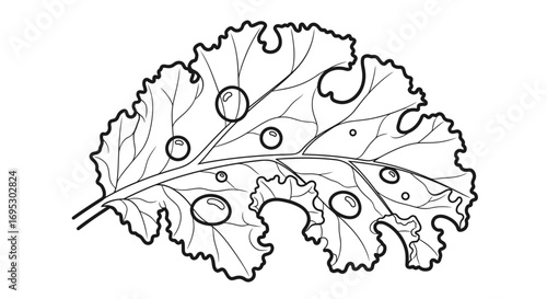 fresh kale leaf with dew drops line art illustration, botanical, nature
