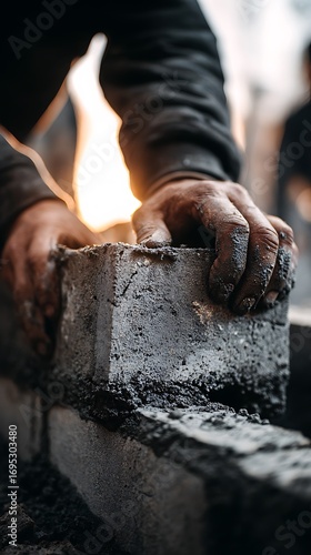 Bricklayer Hands Placing Fresh Brick in Wall Construction at Sunset