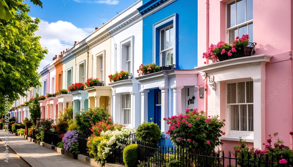 Fototapeta premium Colorful houses in Notting Hill, London create a vibrant and charming street view