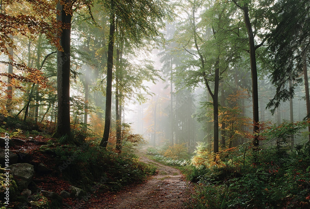 Fototapeta premium Autumn Forest Path in Fog: Colorful Vegetation and Natural Charm