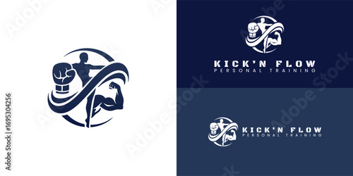 A dynamic logo that embodies the synergy of boxing, Muay Thai, and strength training. A powerful figure is surrounded by a fluid shape, symbolizing motivation and harmony of mind, body, and spirit.