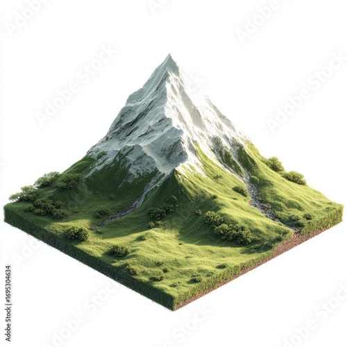 Isometric mountain peak, snow-capped, grassy base