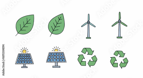 Illustration of renewable energy sources including solar panel wind turbine leaf and recycle symbol icons vector